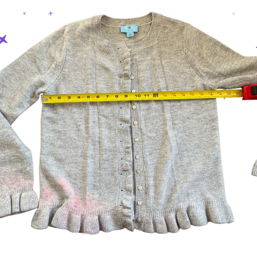 🌟CeCe Light Gray Ruffle Hem Coquette Style Button Up Cardigan Sweater - Picture 5 of 6